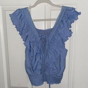 Light blue short sleeve ruffle boutique blouse